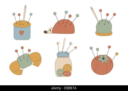 Vector set of cute pincushions in various shapes, with pins, sewing needles, and buttons in a jar. Stock Vector