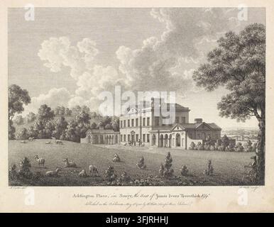 Book plate illustration depicting Addington Place in Surry the Seat of James Ivers Trecothick Esqr, by William Watts (1752-1851), from The seats of the nobility and gentry collection, dated 1779. A grayscale engraving shows a large classical house with a portico and wings set on a grassy slope, a group of sheep scattered on the lawn, clusters of trees behind and to the sides, a few figures near the house, and a cloudy sky above. Figures can be seen outside the front of the house. Stock Photo