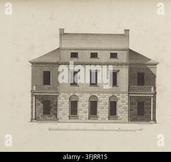Book plate illustration depicting Cah 35 No 3 Design for a house, by F.C. Leonhardt (fl.c.1790), from the Ideenmagazin von Johann Gottfried Grohmann ... Herausgegeben collection, dated 1797. A detailed architectural drawing of a two-story building with a roof and chimneys, showing a symmetrical facade with arched openings on the lower level, rectangular windows on the upper level, columns and balconies on the sides, rendered in black and brown tones on a beige background. The book plate bears the imprints 'Schwender. erf.u.gez', 'F.C.Leonhardt f?ec' and 'fuss'. Hefte 35. Stock Photo
