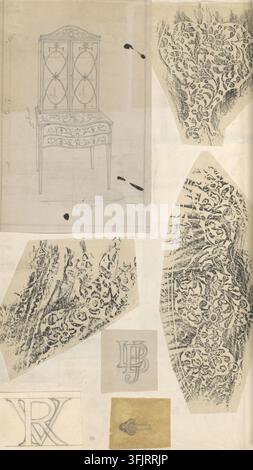 Drawing depicting Page 110 Furniture monograms rubbings, by Gertrude Jekyll (1843-1932), from the Gertrude Jekyll's Scrapbook collection, dated 1866. A collage of pencil sketches and ink rubbings on aged beige paper showing a drawn cabinet with ornate legs, several patterned fragments with floral and leafy motifs, a small light brown square with a decorative round object, and scattered black ink spots, in beige, black, gray, and light brown. Rubbing (transferring techniques), graphite, tracing paper. Stock Photo