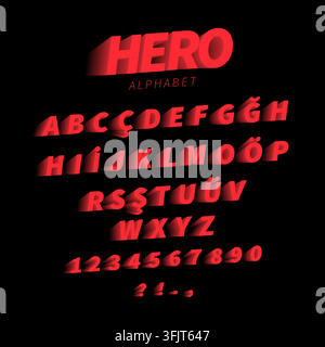 Vector set of red italic 3D letters A to Z with Turkish characters, numbers 0-9 and punctuation in a superhero comic book style on black. Editable EPS Stock Vector