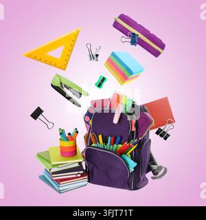 Stationery flying over backpack against color gradient background Stock Photo
