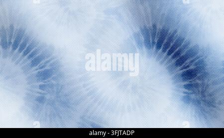 Seamless vintage tie-dye pattern with halftone dot texture in cool shades of light blue and indigo. Stock Photo