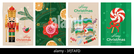 Christmas Cards with Vintage Christmas Ornaments, For Branches, Sweets, and Gift Box. Vector illustration in a cartoon flat style Stock Vector
