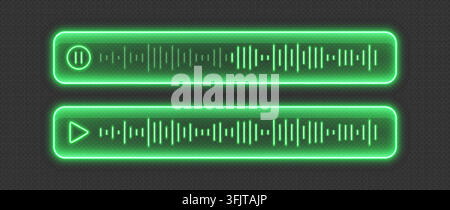 Neon voice message, green glowing audio player with sound waves. Stock Vector