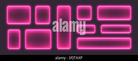 Glossy neon buttons, glowing glass banners in pink color. Stock Vector