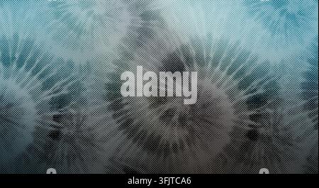 Abstract design featuring a dotted halftone pattern over a teal and grey background with floral shapes. Stock Photo
