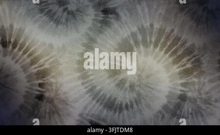 Edgy dark gray and black tie dye pattern with retro halftone dot overlay and distressed texture. Stock Photo