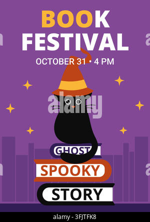 Halloween book festival flyer with cute black cat. Spooky reading party poster vector template Stock Vector