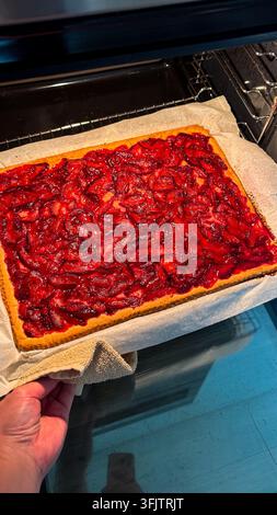 Hand placing homemade plum cake into oven Stock Photo