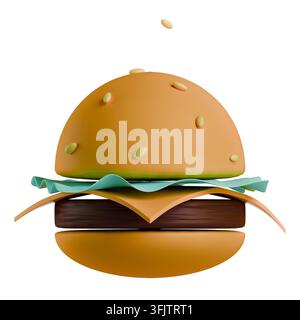 3D fast food banner icon with cute volume cheeseburger. Delicious burger with sesame bun, cheese, meat cutlet, lettuce salad and copy space on isolate Stock Photo