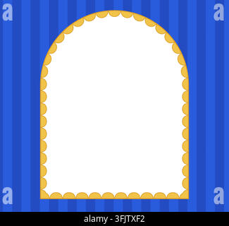 Golden yellow scalloped lace border frames an arch shape as bold modern trim on cobalt blue striped background vector illustration for invitations, labels, cards and stationery projects. Stock Vector