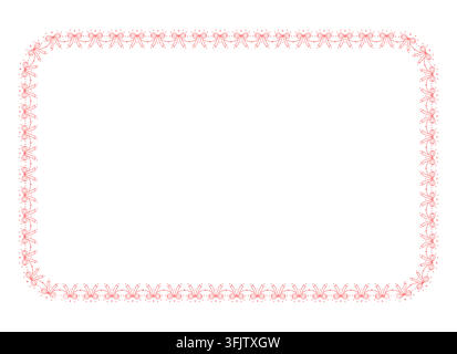 Pink double bow lace rounded rectangle frame repeats paired ribbon knots linked by scalloped dotted garland. cord as coquette trim isolated on white background for wedding cards or label tags. Stock Vector