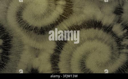An abstract background showcasing a dark, swirling spiral pattern composed of halftone dots with a subtle, gritty texture throughout. Stock Photo