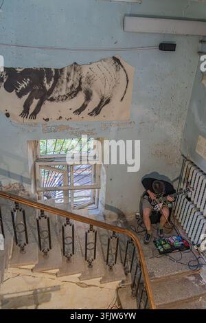 KYIV, UKRAINE - SEPTEMBER 20, 2026: A conceptual mixed-media installation featuring a large black-and-white drawing of an abstract figure or animal in motion at the top of the wall, with peeling blue paint underneath, a small barred window allowing natural light to enter, and a person seated playing an electric guitar next to a pedal board. The scene includes text written on the wall in Russian: ' ' (IRINA SAVICHIEVA), likely referring to the artist or subject of the drawing. The Stock Photo