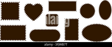 Pack of scalloped brawn postage frames isolated. Outline border template. Simple minimalist label text box. Blank scallop edge stamp mockup. Vector pn Stock Vector