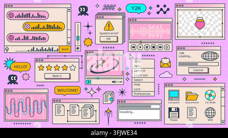 Y2K computer retro browser window panels interface with pixel icons and symbols. Pink computer interface kit with star rating box, chat bubbles and mu Stock Vector