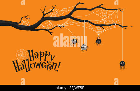 Cartoon Halloween banner with funny spiders and white cobweb threads on tree branches. Horror night holiday Happy Halloween greeting card with cute sp Stock Vector