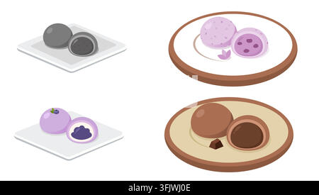 Plated Japanese Mochi Dessert Collection Featuring Black Sesame Taro Chocolate and Strawberry Stock Vector