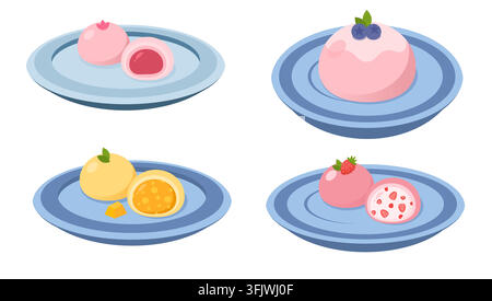 Plated Japanese Fruit Mochi Dessert Collection Featuring Strawberry Mango and Blueberry Stock Vector