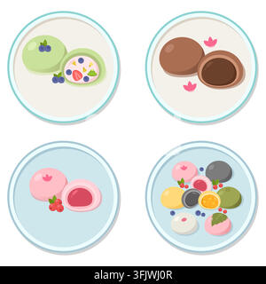 Plated Japanese Mochi Dessert Collection Featuring Fruit Parfait Chocolate Peach and Assorted Platter Stock Vector