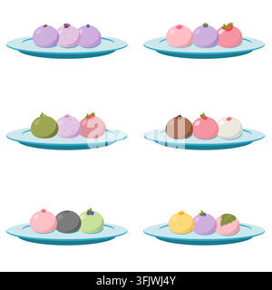 Plated Japanese Mochi Dessert Collection Featuring Six Oval Ceramic Plates of Assorted Sweets Stock Vector