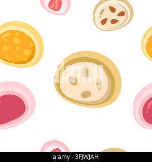 Japanese Mochi Rice Cakes Seamless Pattern Background Featuring Sliced Almond and Strawberry Stock Vector