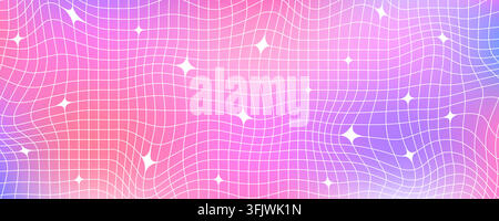 Pink purple Y2k trippy sparkle grid mesh background. Distorted wireframe pattern with stars. Groovy gradient twinkle and checkered wallpaper. Vector colorful gradation nostalgic aesthetic tile texture Stock Vector