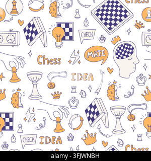 Chess Business Strategy Seamless Pattern Doodle. Smart Idea Mind Brain Pawn Light Bulb Trophy Clock Board on White Background. Vector Illustration Stock Vector