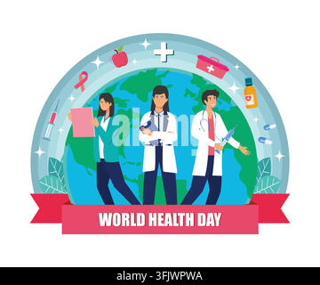 A medical staff group of doctors and nurses standing in front of the globe earth celebrating world health day. flat vector modern illustration Stock Vector