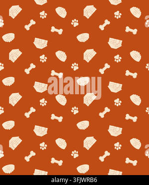 Seamless pattern featuring dog houses, heart bowls, bones, and paw prints on a warm rust background, perfect for pet products, wrapping paper, textile Stock Vector
