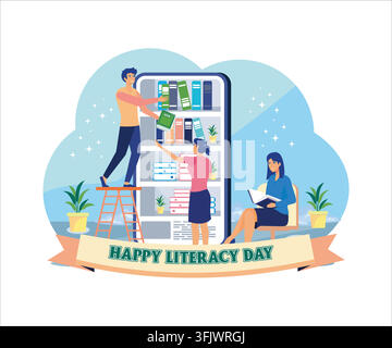 People read books in digital libraries on a giant smartphone screens with various books. Happy Literacy Day on the 8th of September. Flat vector moder Stock Vector