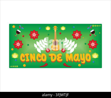 Cinco de Mayo May 5, federal holiday in Mexico. Fiesta banner and poster design with flags, flowers. Flat vector modern illustration Stock Vector