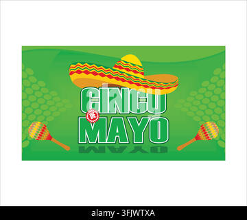 Cinco de Mayo emblem design with lettering, sombrero and maracas symbols of holiday. Flat vector modern illustration Stock Vector