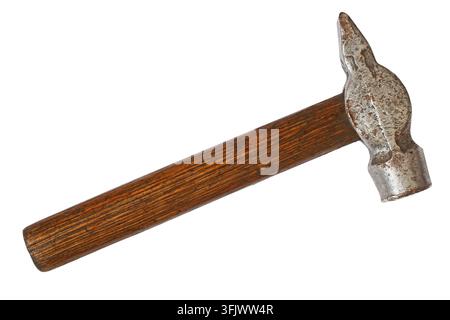 Old classic hammer with wooden handle isolated on white background. One hammer close-up. Stock Photo