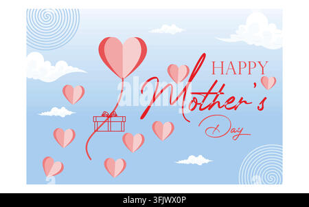 Mother's day card with flying paper elements and gift box on blue sky background. Love symbol in heart shape for greeting card design. flat vector mod Stock Vector