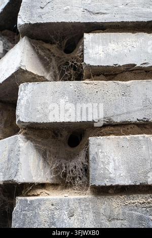 Close-up of spider web between holes in gray brick wall Stock Photo