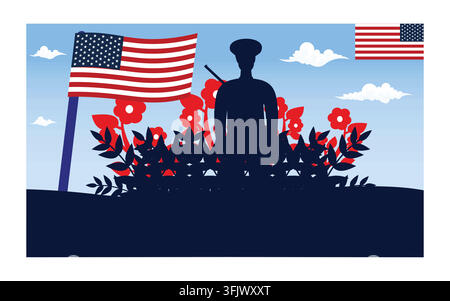 Silhouette of a soldier with red poppies for Memorial Day. flat vector modern illustration Stock Vector