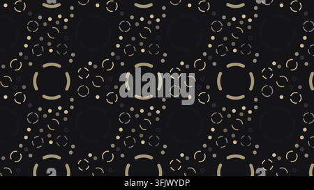 Seamless pattern of gold dashed circles, arcs and dots on black background, vector Stock Vector