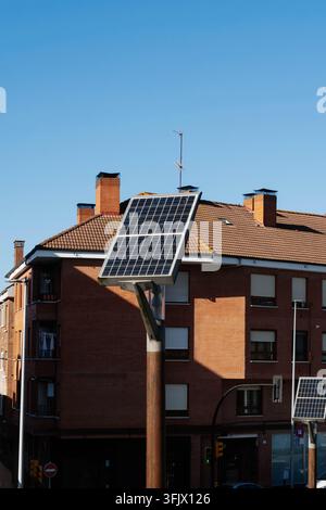 A solar panel installation on weathered corrugated metal roof, showing ...