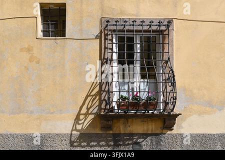 Traditional Grated Window with Flower Box and Geometric Shadows on a Yellow Plaster Wall, Lucca, Tuscany, Italy Stock Photo