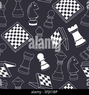 Chess Board Pieces Seamless Doodle Pattern. White Line Figures King Queen Rook Bishop Knight Pawn Repeatable Texture on Black Background. Vector Stock Vector