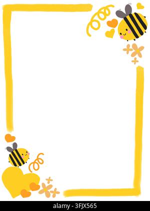 A charming hand-drawn digital vertical frame and border illustration featuring cute cartoon bumblebees, yellow and orange hearts and tiny flowers. Stock Photo