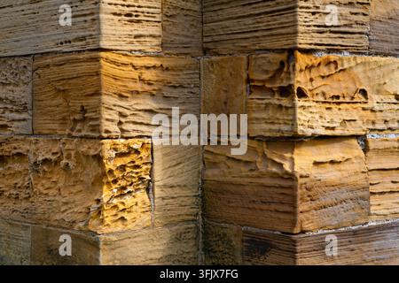 Close-up of the weathered sandstone masonry of historic St Mary’s Church in Whitby, North Yorkshire, England, beside the famous churchyard associated Stock Photo