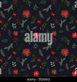 Christmas Festive Pattern with Red Poinsettia Flowers and Holly, Fir Tree Branches, Rose Hip Berries on Dark Blue Background. Winter holidays Stock Vector