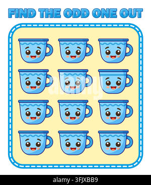 Find the odd one out. Educational worksheet with cute cartoon cups and different facial expression, printable visual puzzle game for preschool learnin Stock Vector