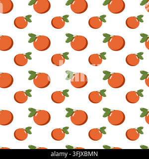 Seamless repeating pattern of stylized oranges with green leaves on white background. Clean geometric fruit design perfect for textiles, wallpapers Stock Vector