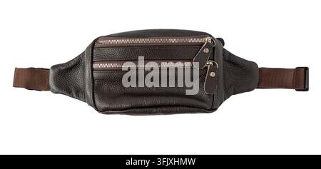Fanny Pack Waist Bag Isolated on white background. Brown Leather travel accessories Stock Photo
