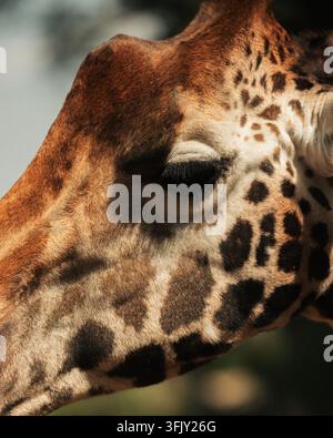 Extreme close up shot showing the detailed side profile of a giraffe head, eyes, horn and skin patterns in Kenya. Stock Photo