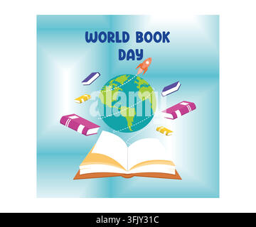 World book day poster world globe character and book, blue background. flat vector modern illustration Stock Vector